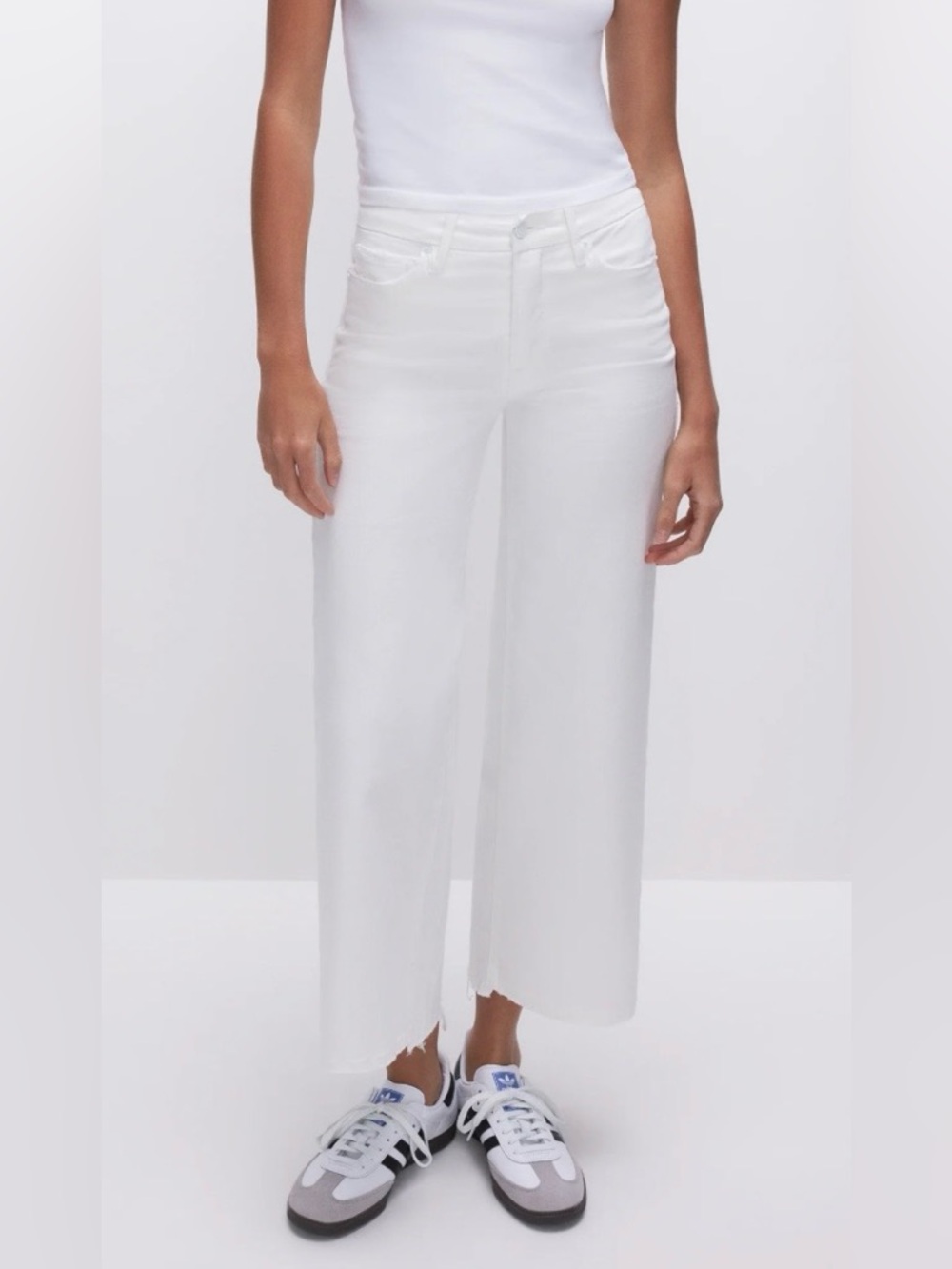 Good American Women’s Good Waist Palazzo Crop Jeans Sz 16 White Raw Hem Wide Leg
